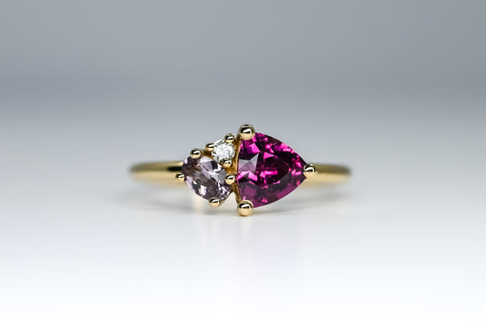 Bague trilogie rhodolite, spinelle et diamant