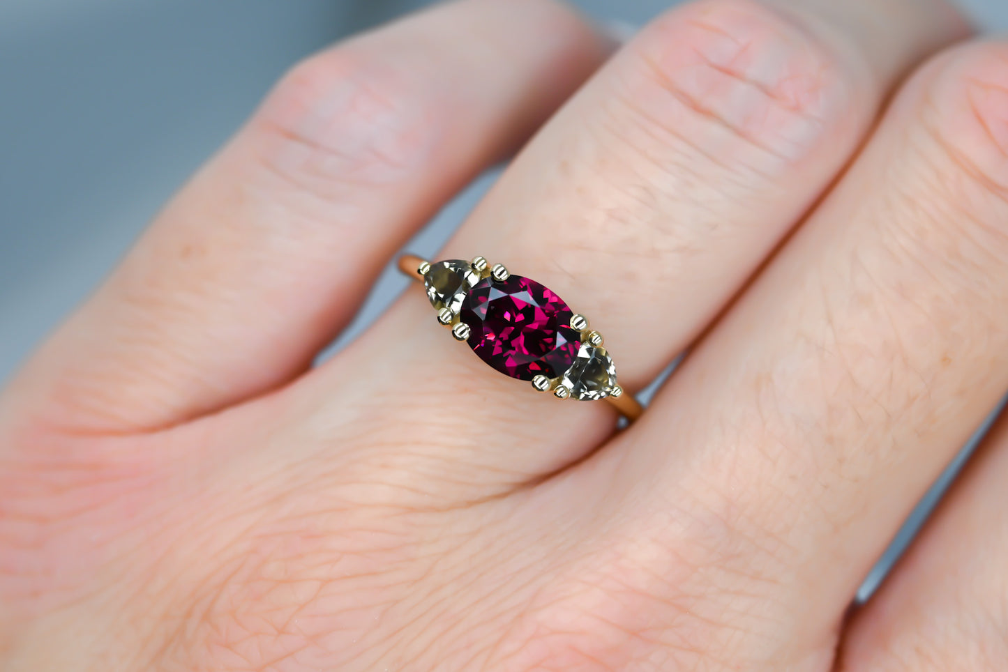 Garnet and smoky quartz trilogy ring